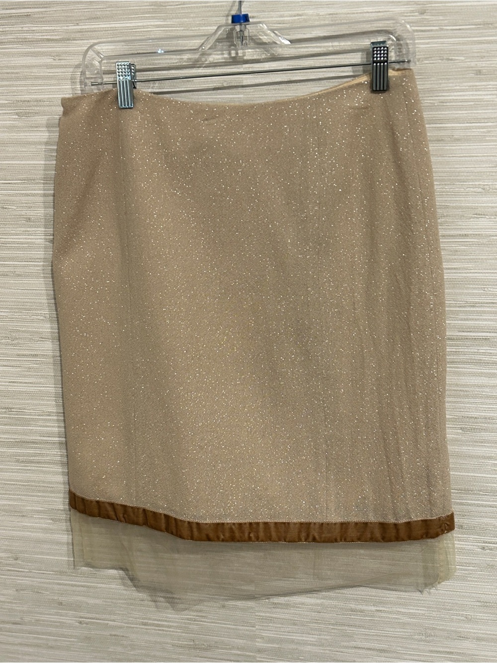 Tracy Reese New York Wool Glitter Skirt Sheer Hem Bone Silver Size 8 NWT $205